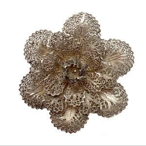 Vintage Sterling silver filigree lace cabbage rose flower brooch detailed